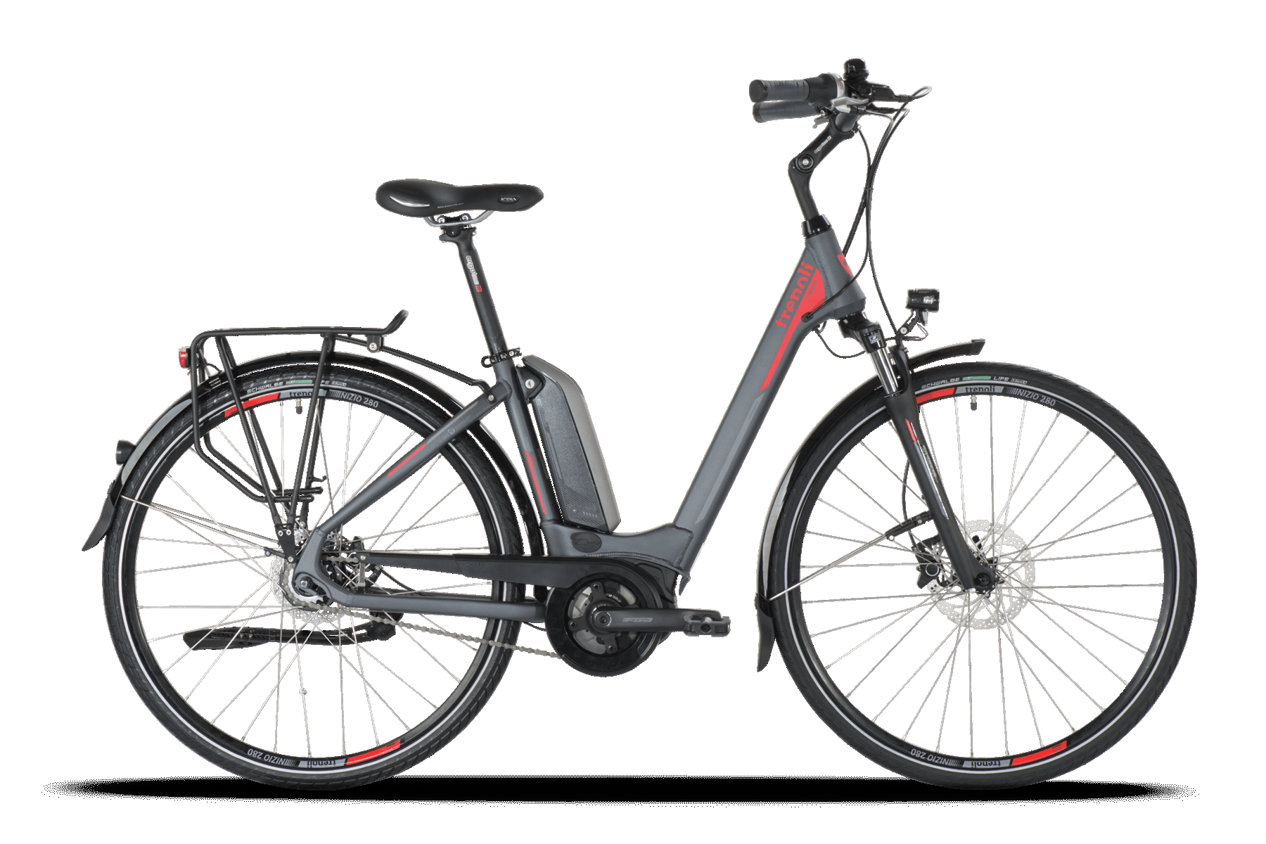 schwarzes E-Bike mit rotem Schriftzug